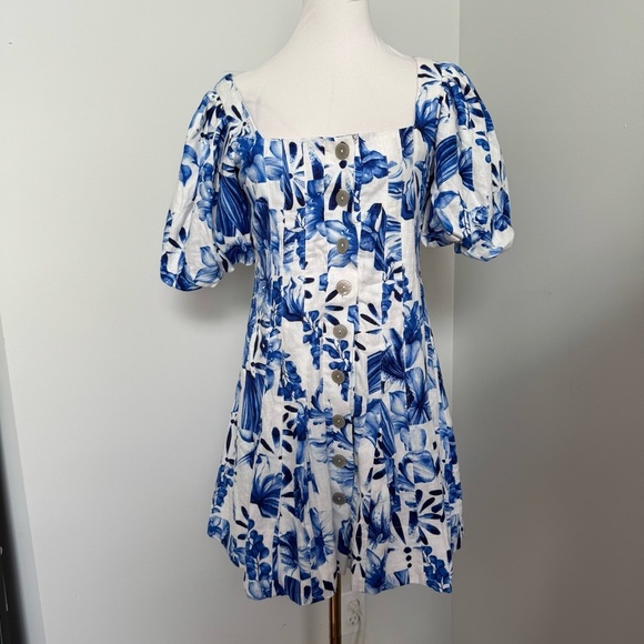 NWOT House of Harlow 1960 Blue Floral Puff Sleeve Off-Shoulder Mini Dress 2 - Picture 4 of 10